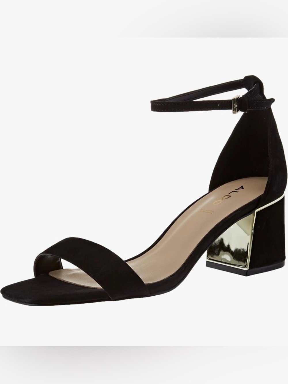 Aldo Black Suede Ankle-Strap Block Heel Sandals with Metallic Heel